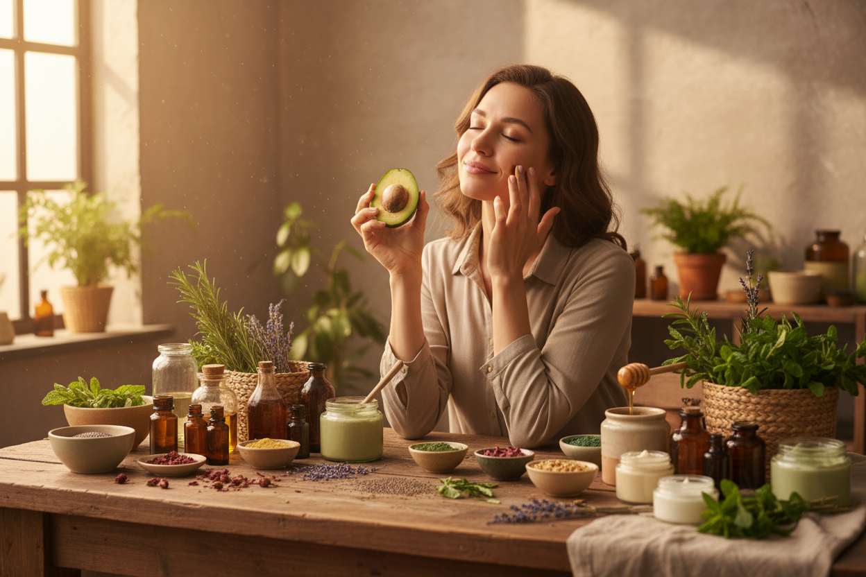 Show woman caring more on natural items than cosmetics. Kepep the lighting warm 